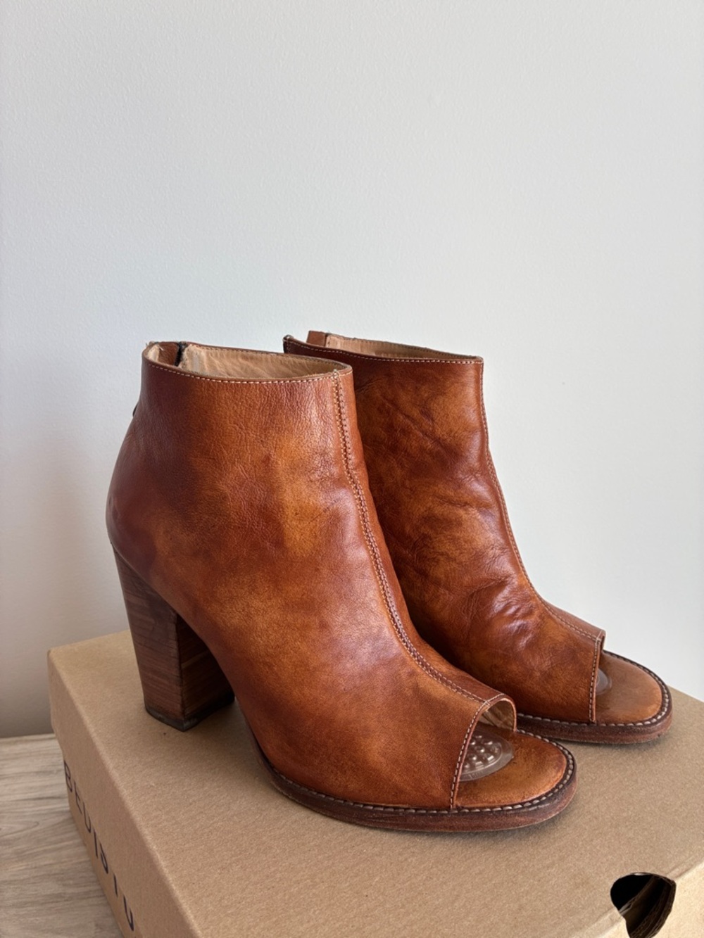 Bed Stu Cognac Tan Leather Peep-Toe Block Heel Booties